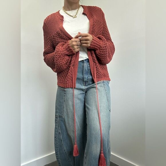 360 Sweater Italian Yarn Chunky Knit Open Front Tassel Tie Waist Cardigan S - Picture 7 of 14